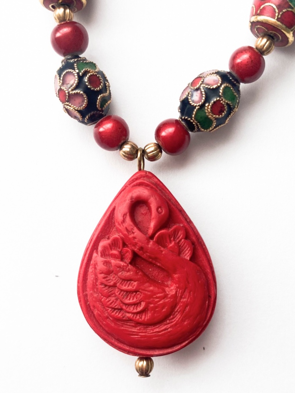 Retro Cloisonne Beaded Necklace with Carved Red Swan Pendant Eastern / Asian